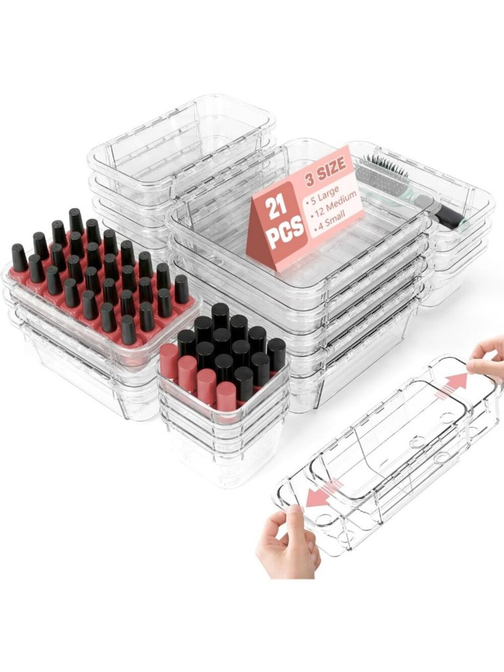 21 PCS Clear Stackable Drawer Organizer Set - Extendable Vanity Storage Bins
